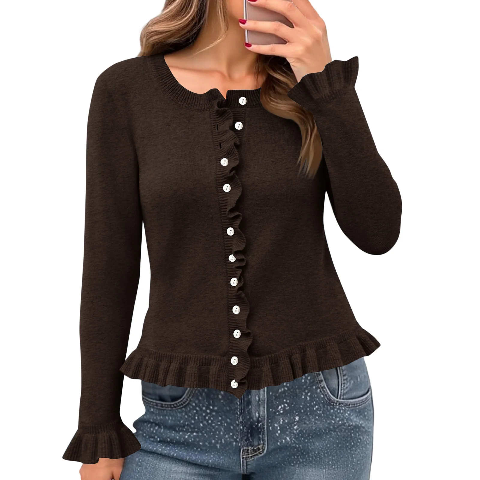 Sweter Pendek Warna Solid Fashion Kasual Wanita Atasan Ruffle Ropa Mujer Pulls Femmes Pakaian Musim Dingin Wanita одежда женская