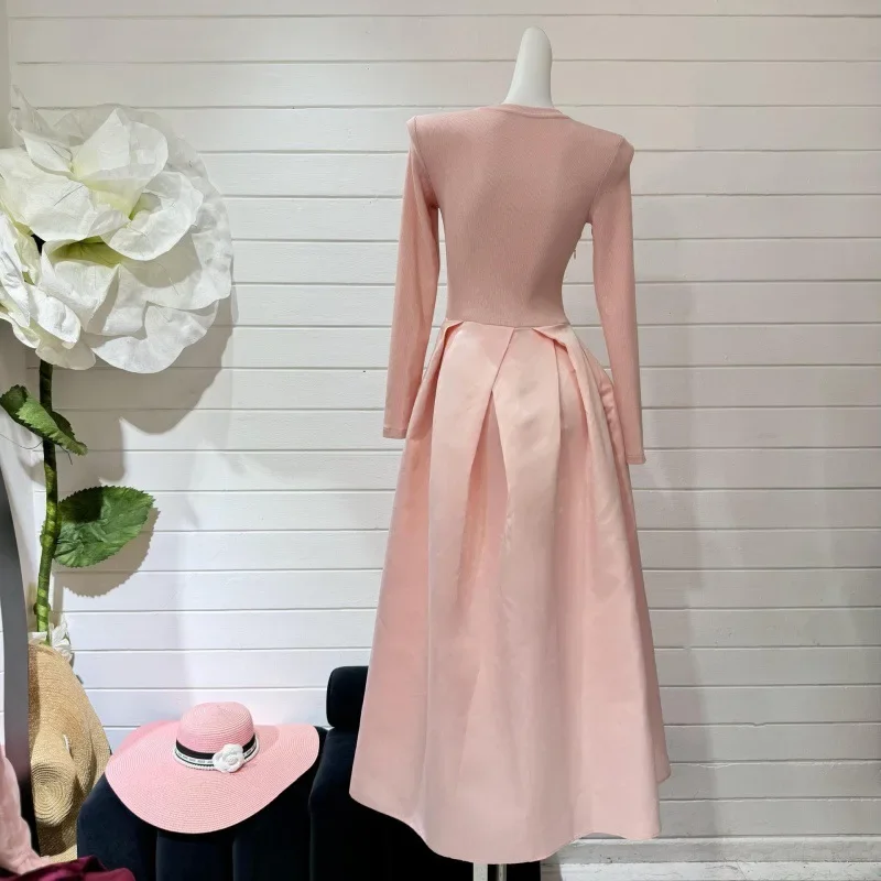 Autumn Elegant Round Neck High Waist A-shaped Dresses Sweet Pink Long Sleeve Dress Slim Fit Long Dress Women Dress 2024 New