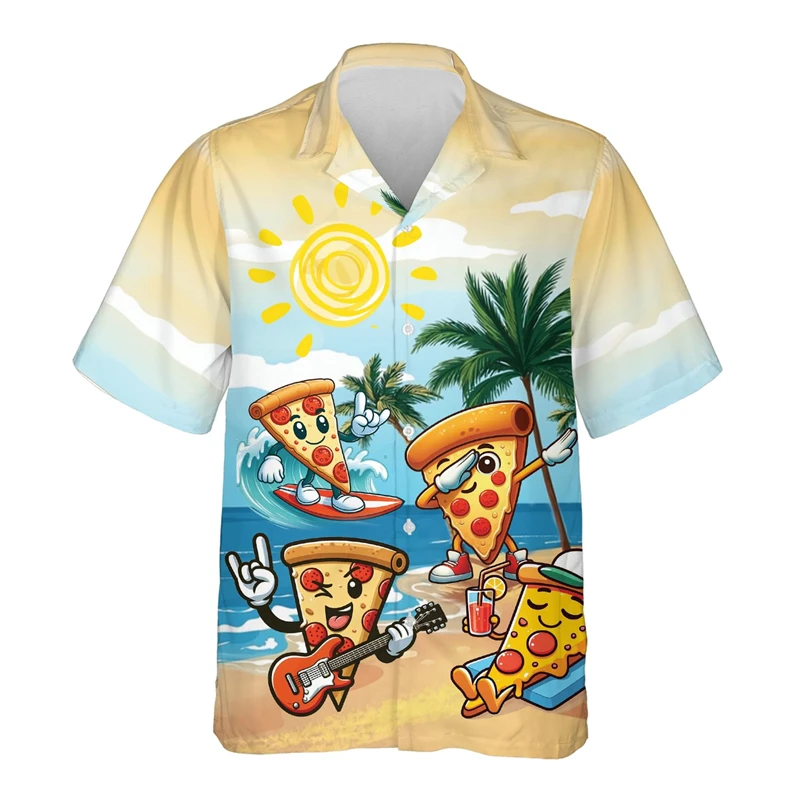 Harajuku Fashion Pizza 3D Print Shirts For Men Funny Delicious Food Marinara Women Short Sleeve Blouses Hip Hop Lapel Kids Tops