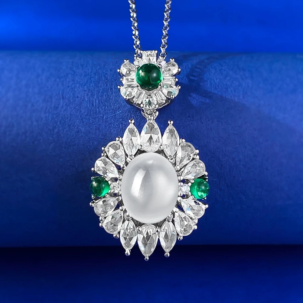 Wong Rain Vintage 100% 925 Sterling Silver 8*10 MM Oval Natural Jade High Carbon Diamond Gemstone Pendant Necklace Fine Jewelry