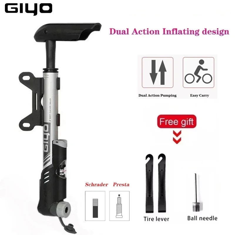 Giyo Pump 120psi Mini Dual Action Bicycle Pump MTB Inflator Road Bike Cycling Presta Schrader Valve Portable Tire Hand Pump