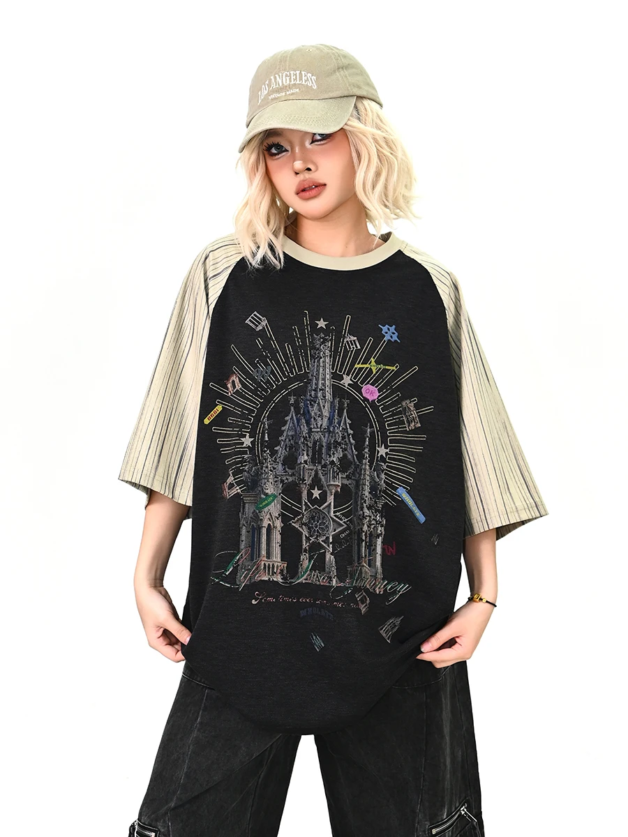 Summer New Loose Women's T-shirt Shoulder Sleeve Stripe Short Sleeve Comfortable Casual American College Style Top Trendy