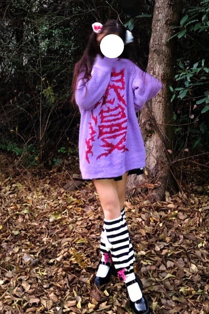 ใหม่ฤดูใบไม้ผลิ Harajuku Gothic ร้อนหญิงสีม่วงพิมพ์ Hip Hop ถักแขนยาวแฟชั่น Punk Pullover Cool Girl