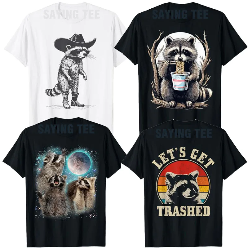 3 Racoon Moon Howling Raccoon Head T-Shirt Let's Get Trashed Funny Retro Raccoon Rock Tee Cowboy Trash Panda Western Country Top