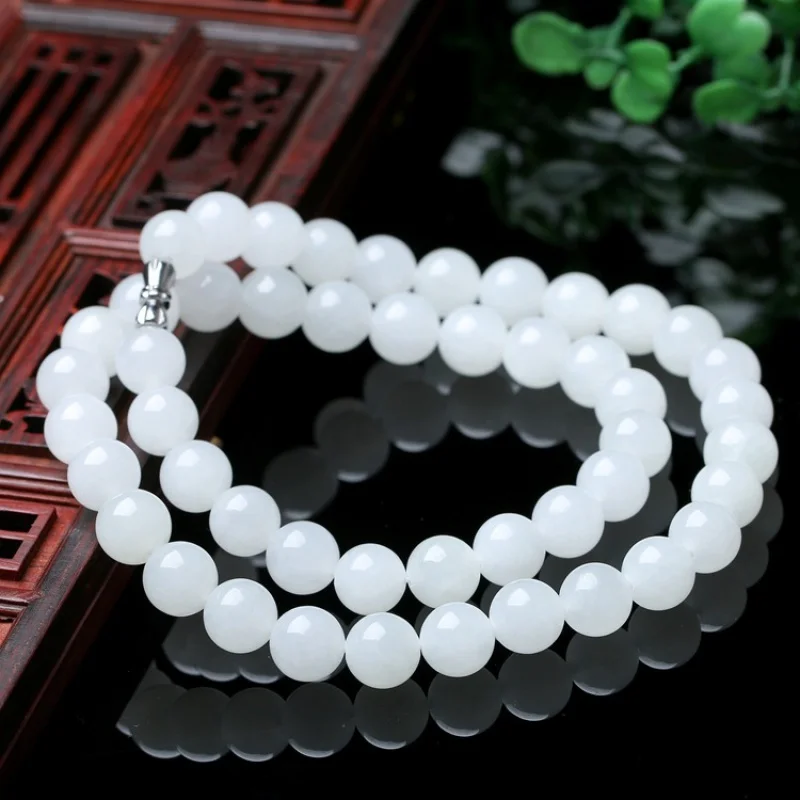 8mmGlass Hetian Jade Bracelet Light Luxury Parent Gift Ornament Female White Jade round Beads Necklace Factory Direct