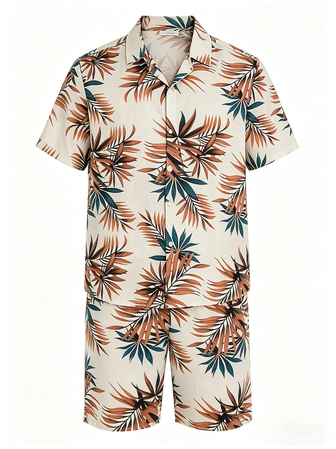 Conjunto de pijama con estampado de hojas para hombre, camisa de manga corta y pantalones cortos con cintura elástica y bolsillos, ropa de dormir suave de verano