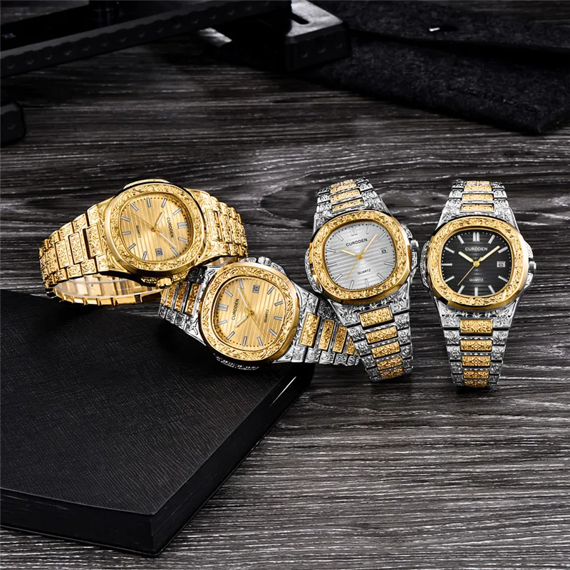 Male Genuine CURDDEN Brand Clock Fashion Alloy Band Unique Arabesque Hip Hop Golden Date Designer Watch Relojes Lujo Marcas Men