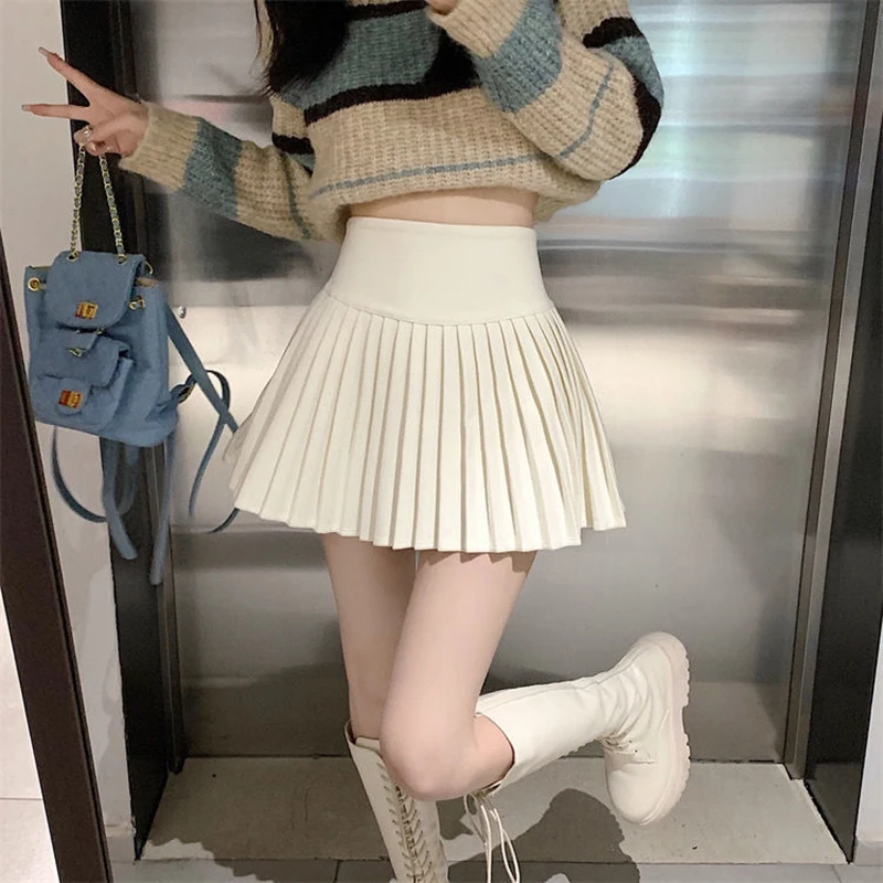 Eleastic High-Waist Pleated Skirt Women Solid Jk Pretty Style Harajuku Cheerleader A-Line Tennis Sports Harajuku Girl Dress