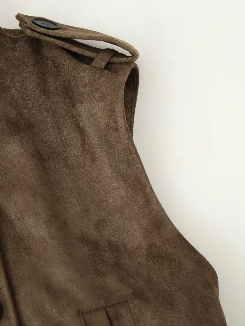 Damen-Weste aus Wildlederimitat, ärmellos, doppelreihig, mit selbstbindendem Gürtel, hohem Kragen, Taschen, Schulterklappen, Oberbekleidung, Top 2026 – Detail 4