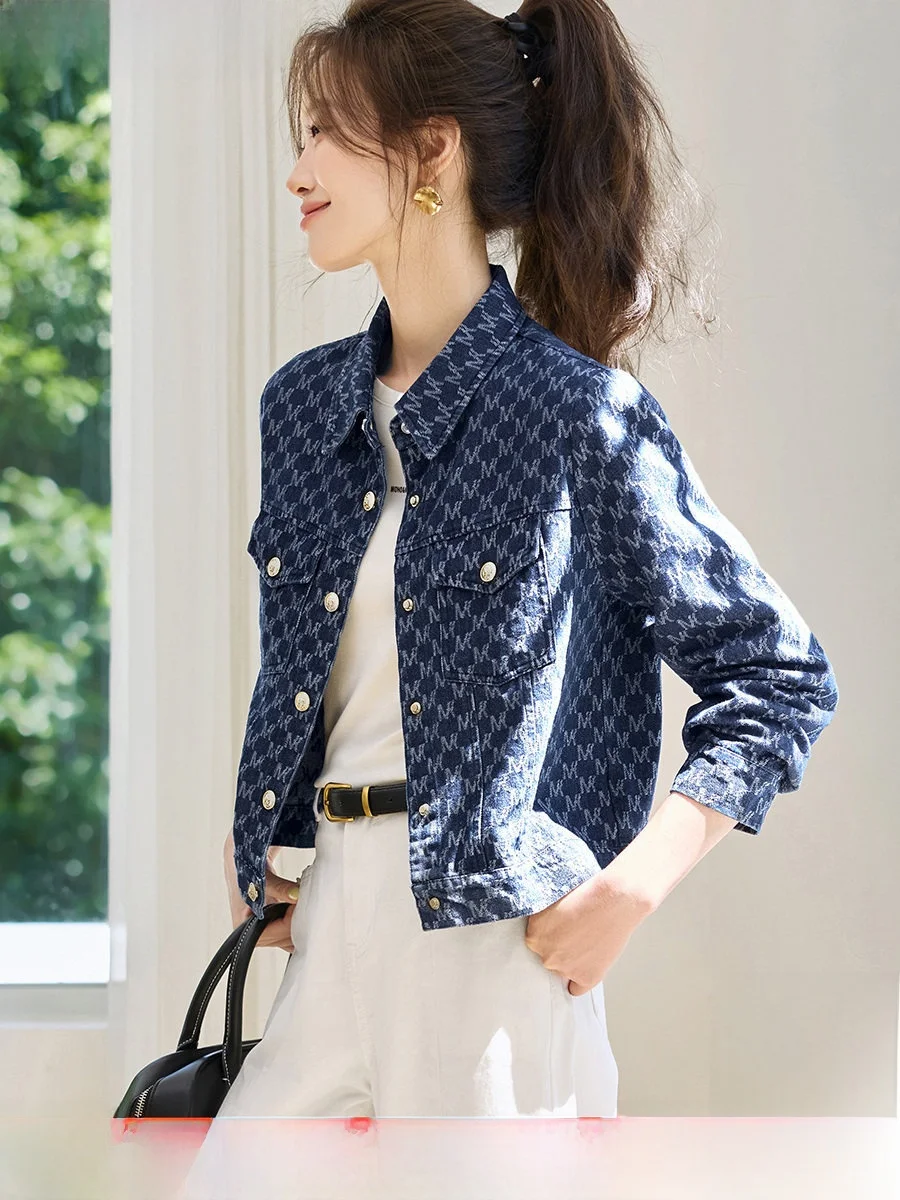 

Джинсовая куртка Mehaiimei Sli Letter: Новинка осени, простой дизайн, отложной воротник, длинный рукав, универсальная верхняя одежда