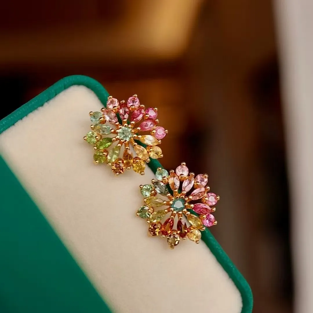 Certificated S925 Silver Natural Tourmaline Moissanite Ear Stud Genuine Rainbow Gems Daisy/Rose Earrings Luxury Fine Jewellery