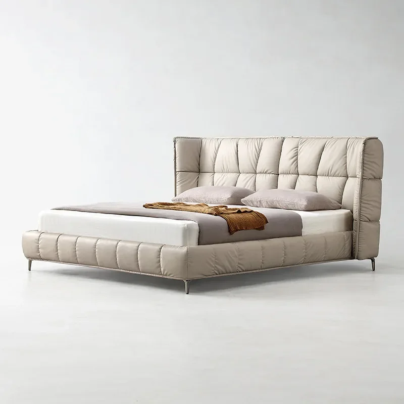 Leather muscle bed Italian minimalist Napa cowhide designer Internet celebrity size apartment master bedroom wedding bed
