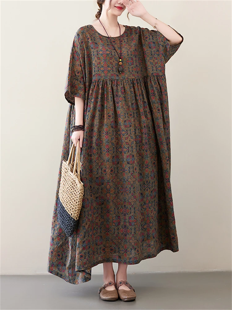 Short Sleeve Cotton Vintage Print Floral Dresses For Women 2026 Spring Summer Loose Casual Long Dress Robe Femme Elegant Clothes