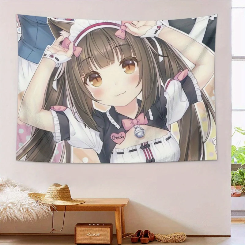 VIKAMA Anime-Katzenohr-Maid-Wandteppich, niedliches Wandbehang-Dekor für Schlafzimmer und Wohnzimmer, Kunst-Leinwandposter für Zuhause