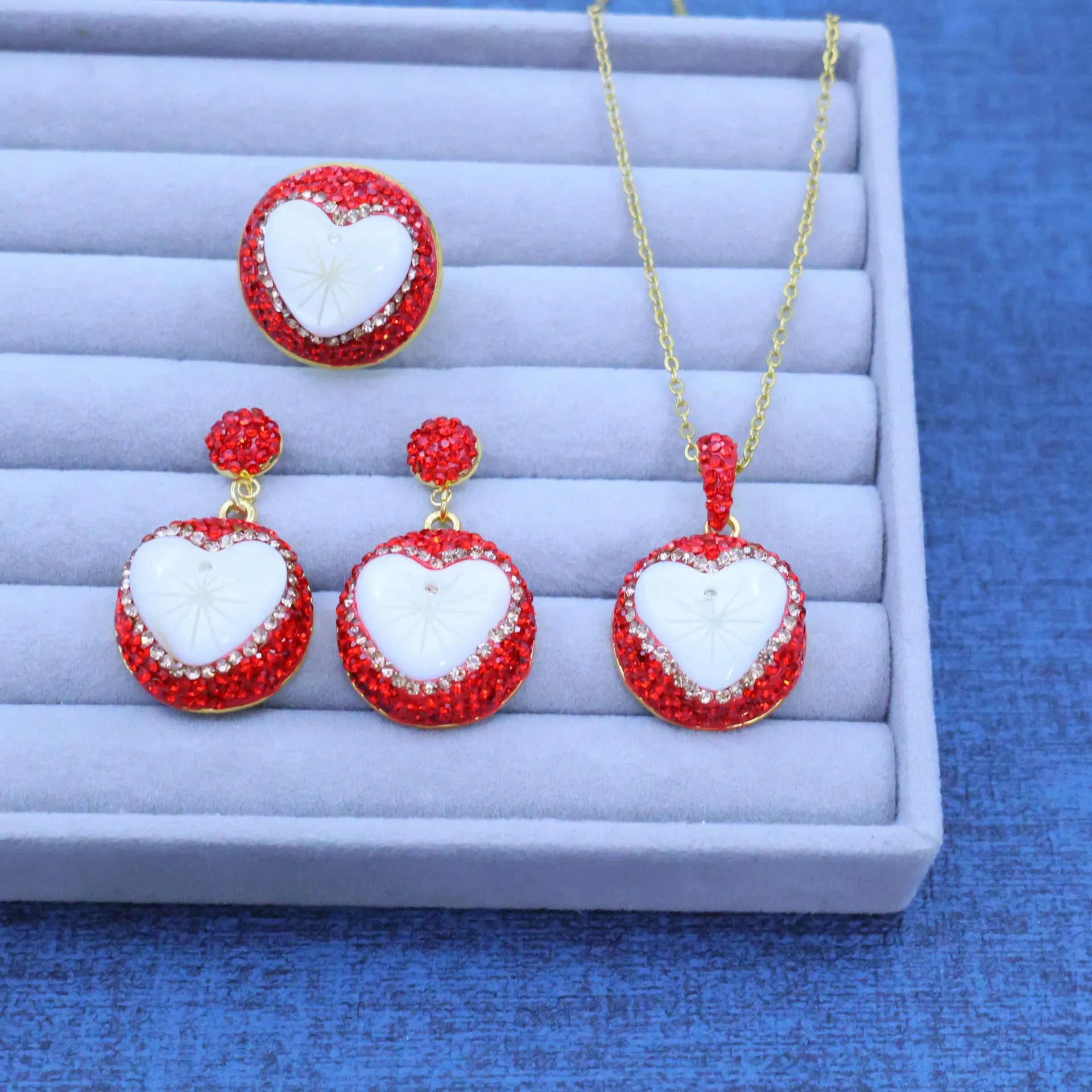 

New natural shell slice shell DIY engraving love inlaid earrings pendant ring three-piece set
