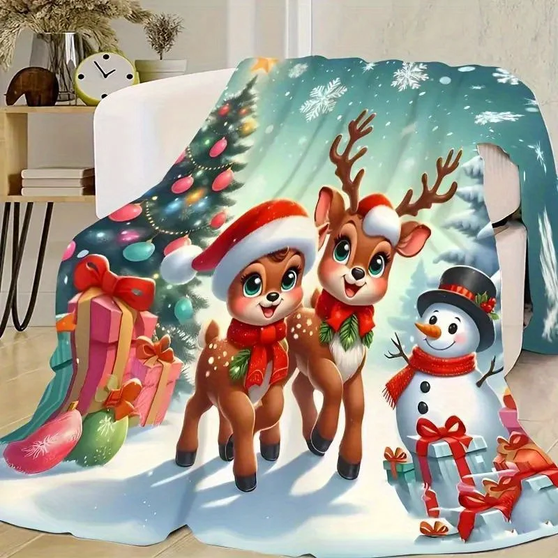 Christmas Reindeer & Snowman Flannel Throw Blanket, Soft Warm, Bed, Car, Office, Camping - Machine Washable, Mixed Colors