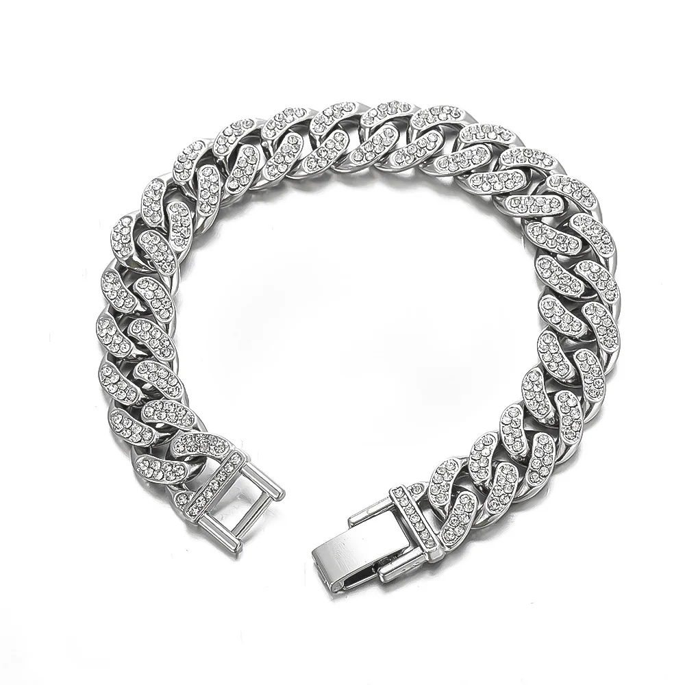 High Quality Crystal Cuban Bracelet Stainless Steel 304 With A Level Sticky Rhinestone Men's Street Hip Hop Jewelry 13mm