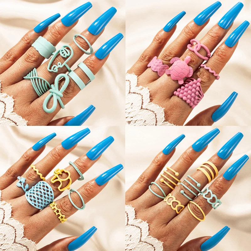 Tocona Boho Snake Colorful Rings for Women Hollow Heart Face Bow-knot Open Joint Ring Sets Jewelry Accessories Anillo 18392