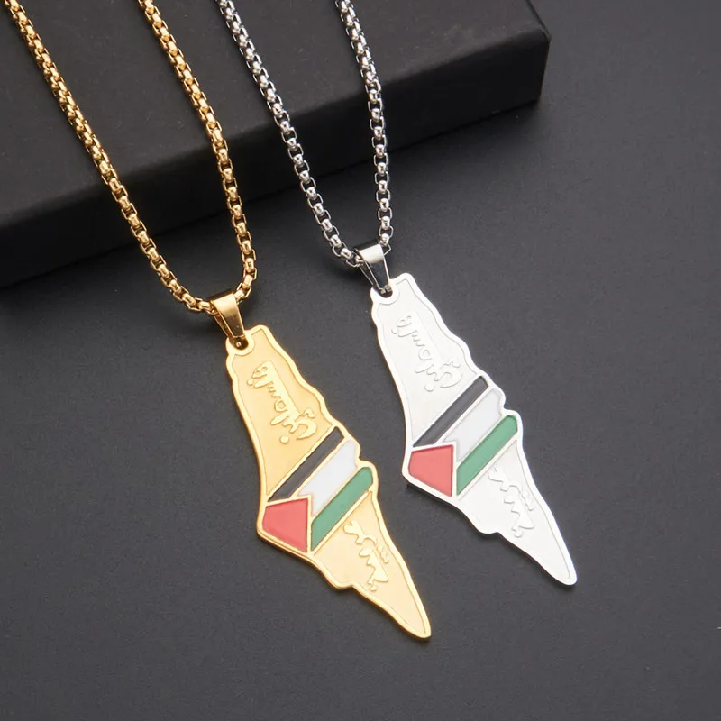 Cross border European and American drop glue etched stainless steel Palestinian flag map pendant necklace