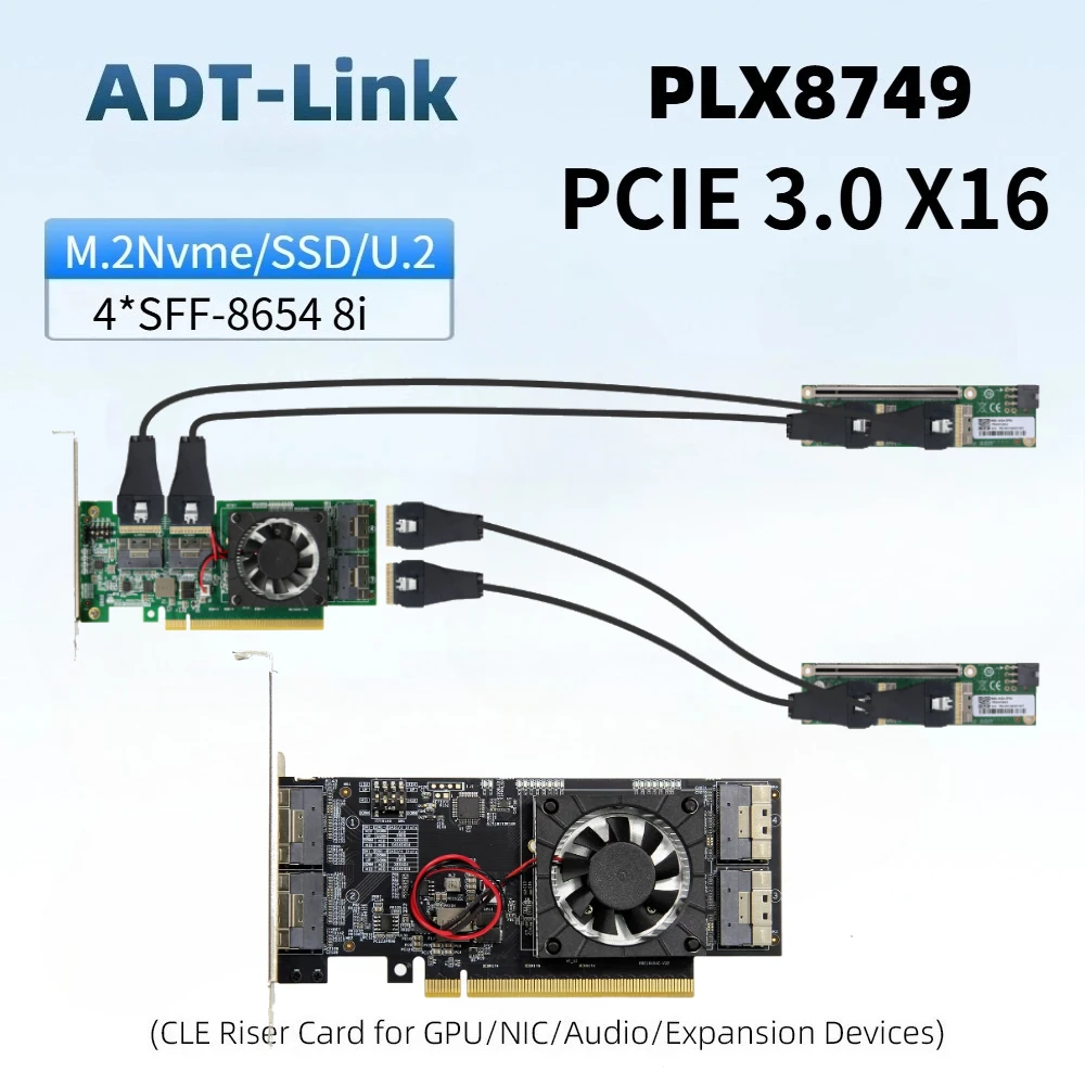 PLX PCIE 3.0 Expansion Card PLX8749 With 4 SFF-8654 X8 Split Card Split-Free Integrated Module GPU-8 NVMe M.2 SSD U.2 Hard Drive