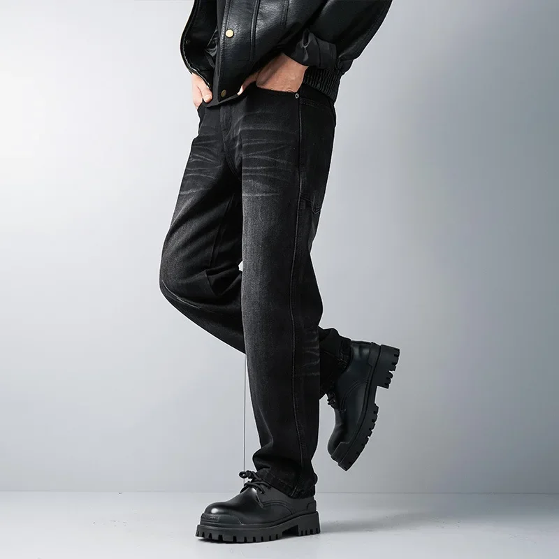 

LIBIELIY Four Seasons Men's Trendy Washed Black Solid Loose Casual Jeans Pants American High Street Straight Denim Trousers Stre