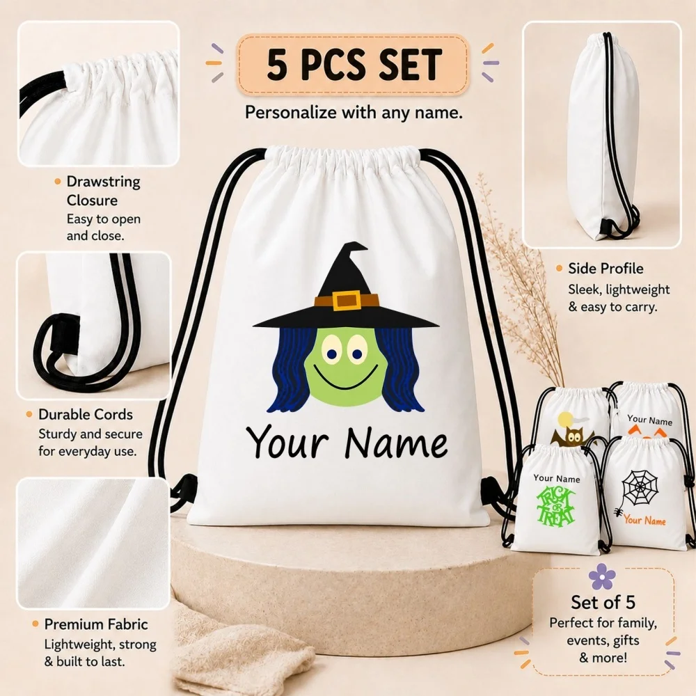 5 Pack Custom Name Halloween Drawstring Backpacks Witch Spider Web Bat Pumpkin Pattern Polyester Kids Trick or Treat Candy Bags