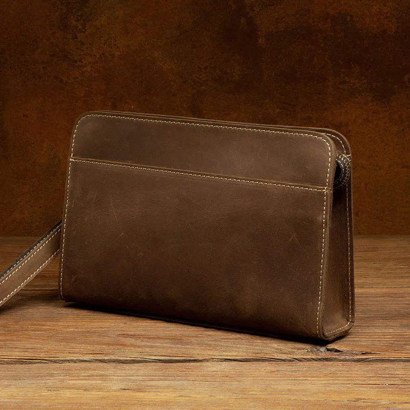Crazy horse leather men's handbags retro business long clutch leather leather purse shoulder bag large capacity