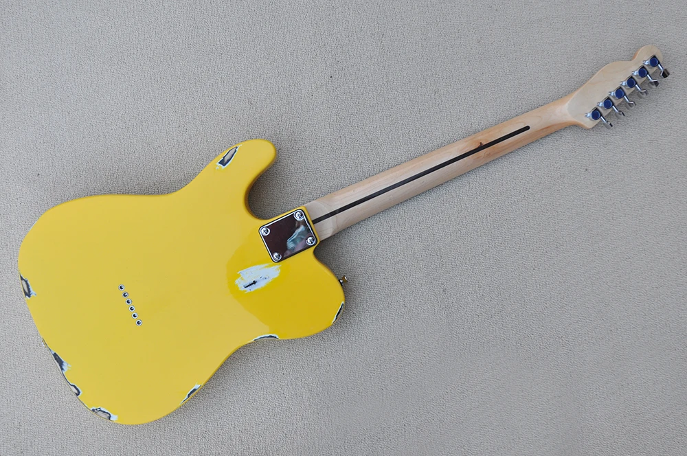 6 Strings Relic Yellow Electric Guitar with Red Pickguard,Rosewood Fretboard