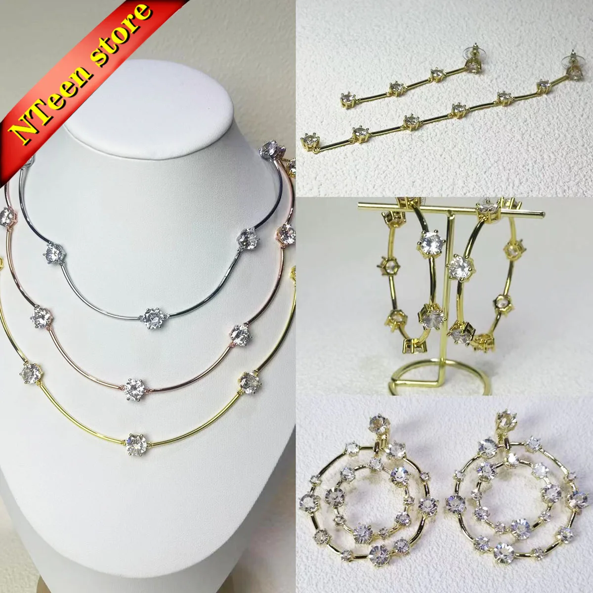 

2024 New Women's Jewelry Set Necklace Earrings Bracelet Ring High Quality Gold Crystal Pendant Gift Wholesale