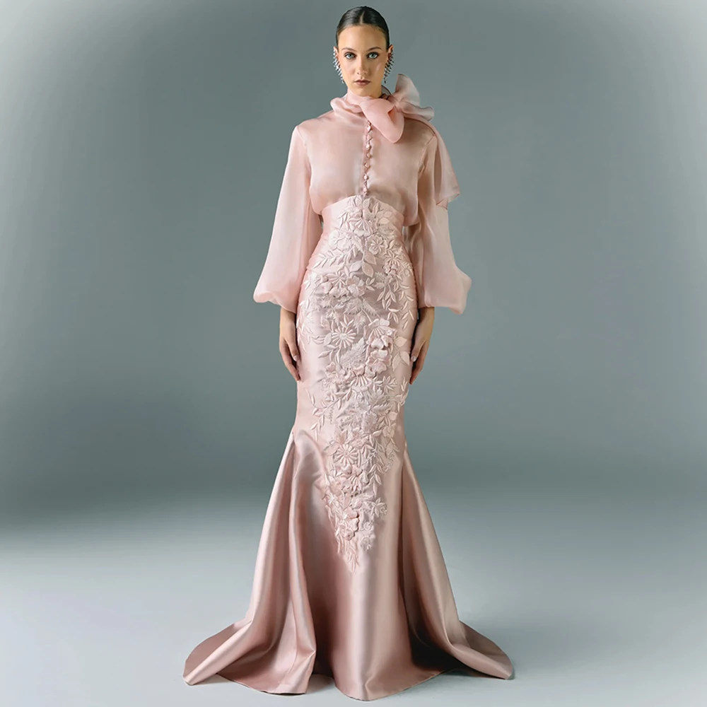 

Mermaid Embroidery Bow Celebrity Gowns Fashion High Neckline Long Sleeves Customized Satin Evening Dress Luxury Party Dresses