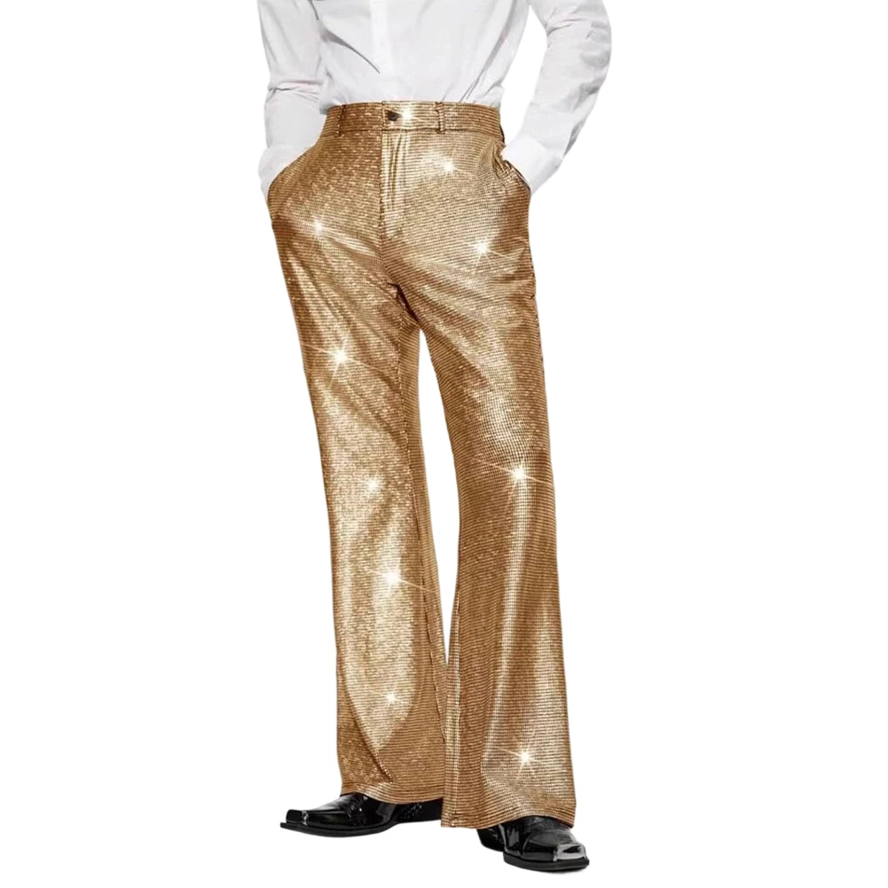 1pc Men Casual Shiny Sequin Pants Suit Pants Wide Leg Wedding Trousers With Pockets Mid-Rise Ice Silk Dress-Pants