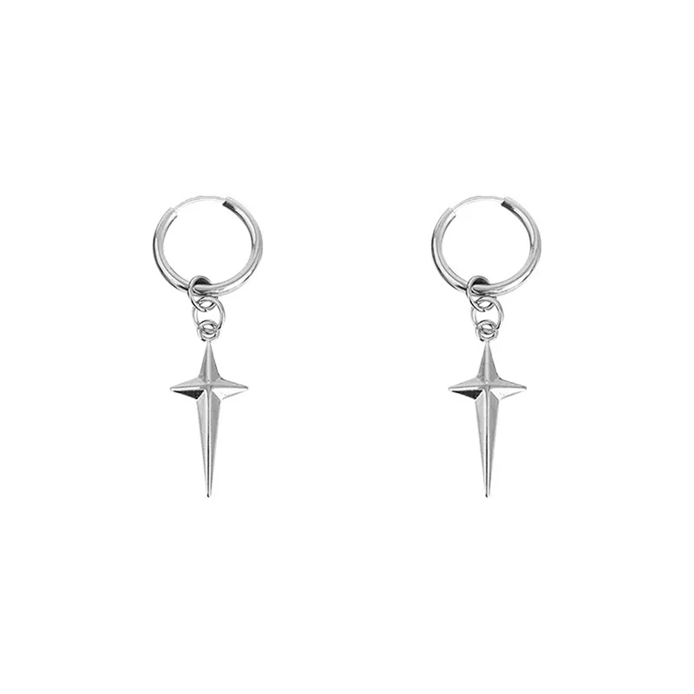 925 Silver Needle Men Cross Stars Punk Dangle Earrings Gothic