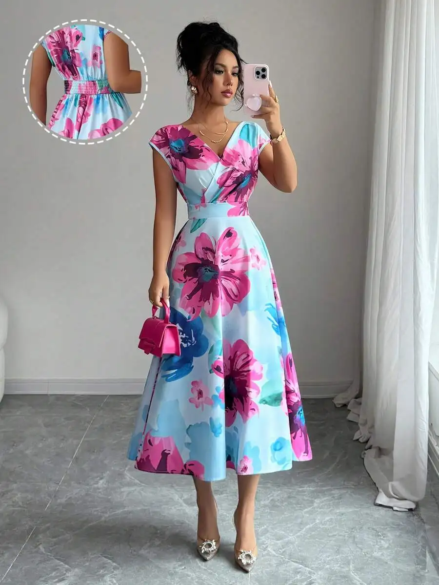 

Женское платье миди с V-образным вырезом, цветочным принтом и присборенной талией, А-силуэт