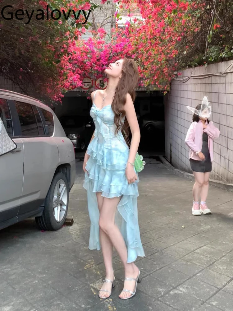 Robe surdimensionnée à volants, bleu irrégulier, à bretelles, pour filles douces, vacances en bord de mer, taille haute, sans manches, robes courtes