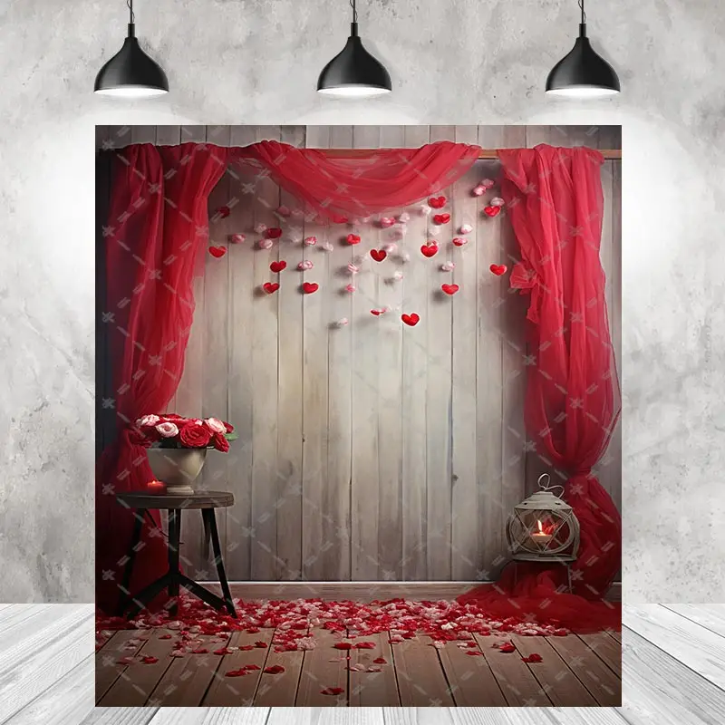 Happy Valentine's Day Party Backdrops Couples Photography Heart Love Balloons Rose Flowers Red Background Photo Shoot Studio