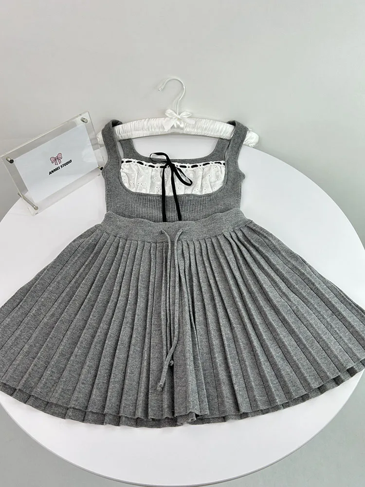 High Quality Outfits 3 Piece Skirt Set Vest + Grey Knitted Crochet Top + Elastic Waist A-Line Skirt Party Prom Formal Occasion