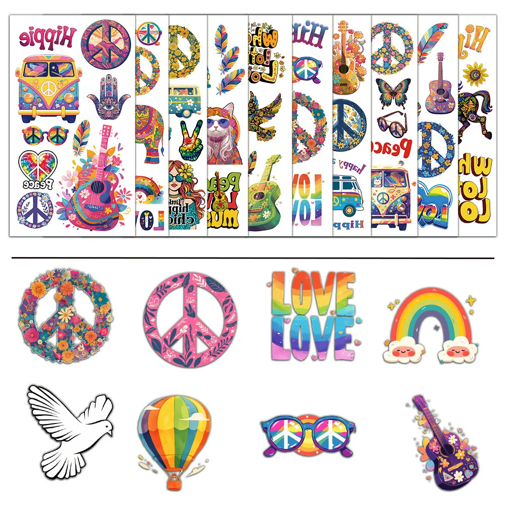 สติกเกอร์รอยสักฮิปปี้สร้างสรรค์ใหม่10ชิ้นการตกแต่ง DIY ฤดูร้อนสติกเกอร์รอยสักส่วนบุคคล