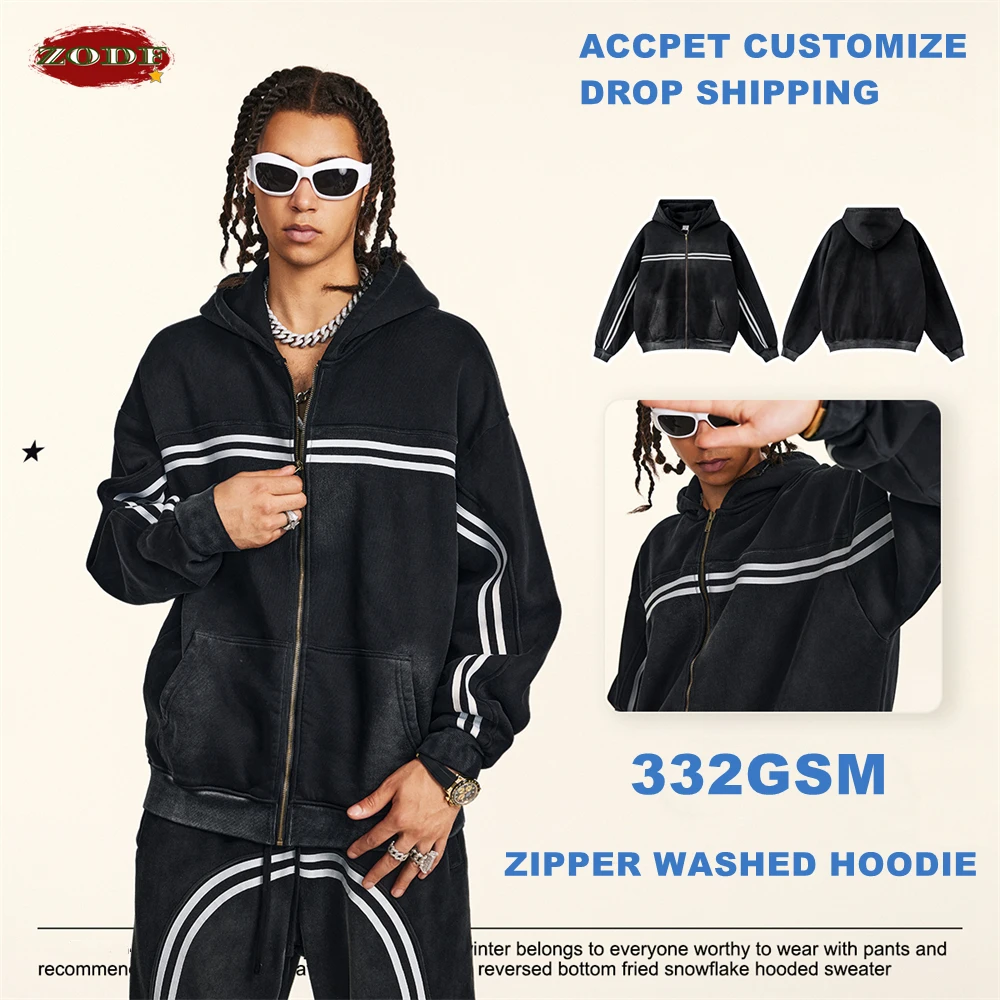 ZODF Retro 2024 Winter Men Zipper Fleece Hoodies Unisex Oversized Washed 332gsm Sport Knitted Hooded Coat HY0905