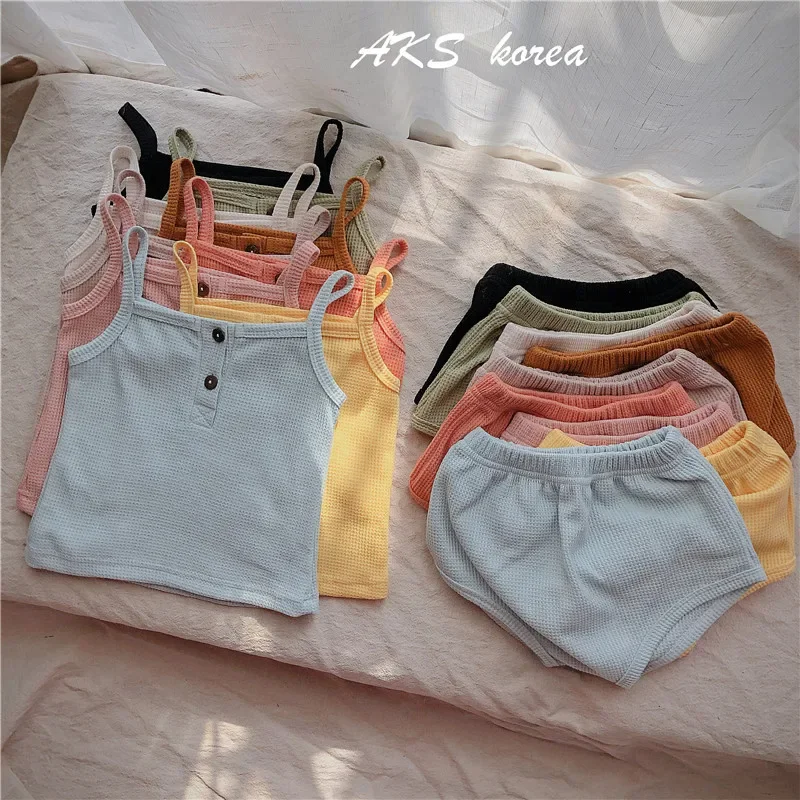 Baby Clothes Sets Summer Toddler Girl Strap Suits Cotton Solid Baby Boy Tops Tee and Shorts Infant Tracksuit Newborn Sets