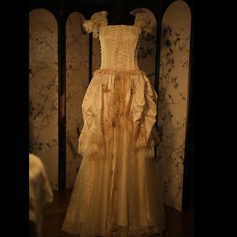 AnXin SH prinses champagne kant lieverd kralen roze roos bladerdeeg korte mouw ruches vetersluiting feest op maat gemaakte trouwjurk