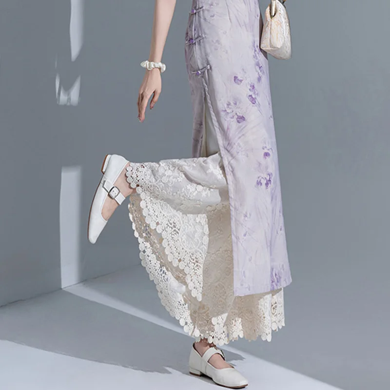 Pantaloni in vita elastica con finiture in pizzo ricamato Gonna Abbigliamento interno Lungo misto cotone poliestere Resistente all'statico