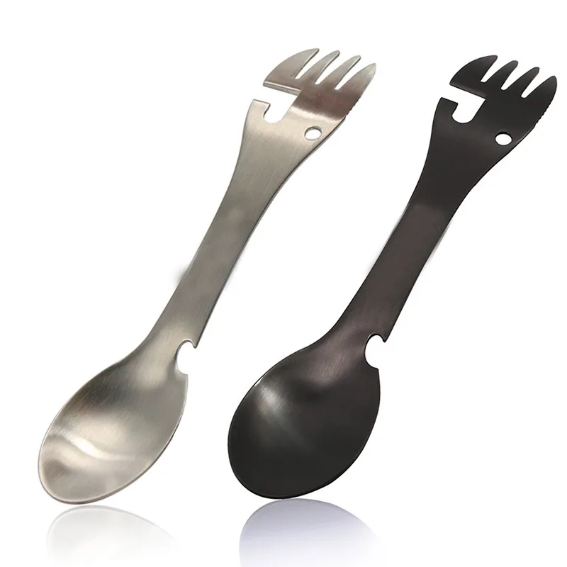 5-em-1 tático acampamento spork colher de aço inoxidável & abridor de garrafa garfo & faca abridor de latas utensílios de acampamento para caminhadas ao ar livre
