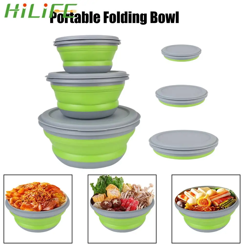 

Foldable Lunch Box Silicone Folding Bowls 3 Pieces Foldable Fruit Salad Bowl Portable Picnic Camping Bowl Set with Lid