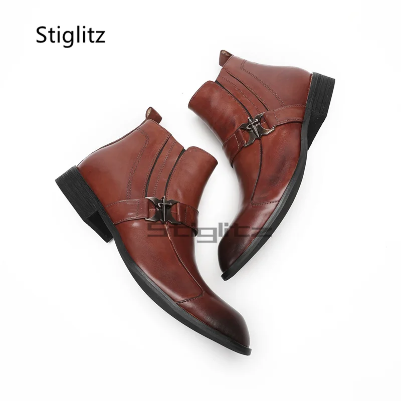 Wine Red Genuine Leather Men's Ankle Boots Metal Buckle Round Toe High Top Classic Male Boots for Men Concise Zipper Shoes