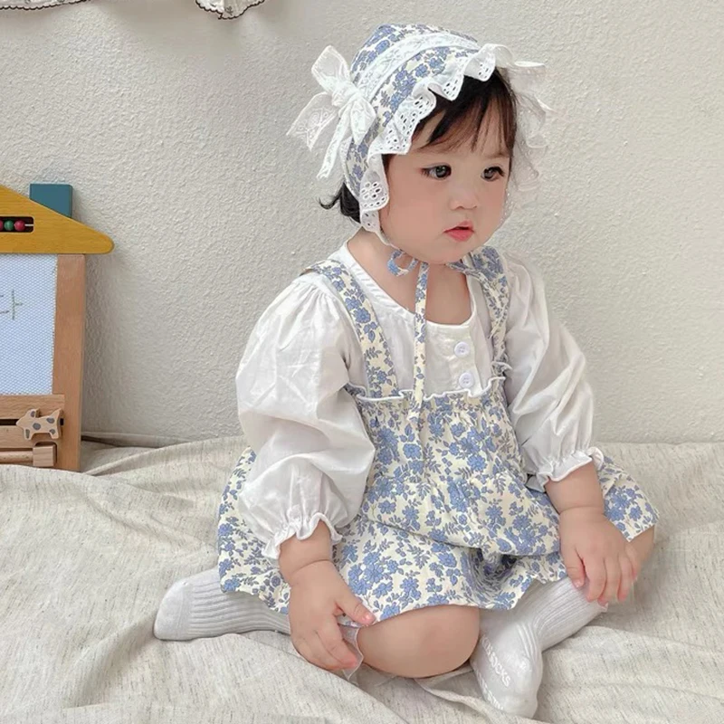 الخريف الطفل ارتداءها الأزهار الفتيات ملابس طويلة الأكمام الرضع قطعة واحدة مع قبعة طفلة رومبير فستان القطن ملابس الطفل