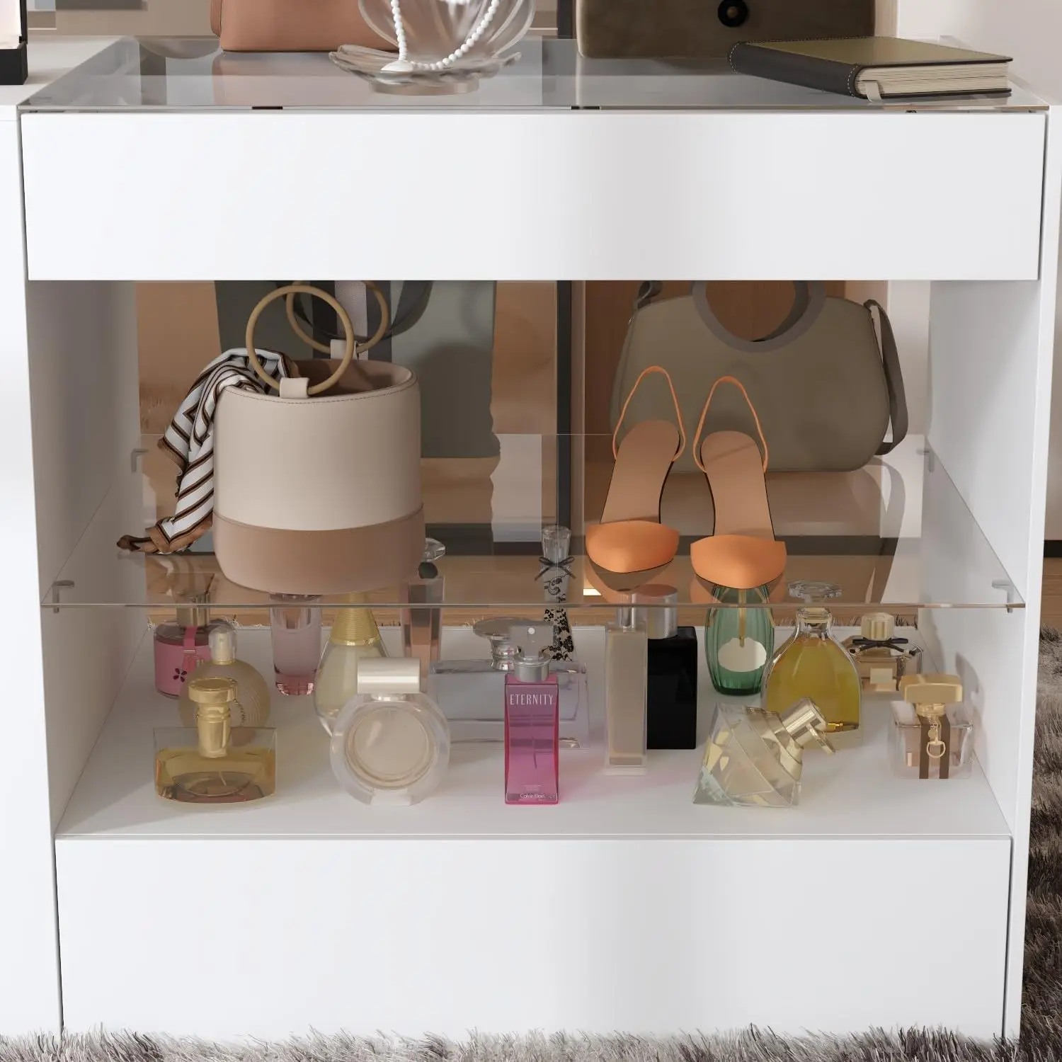 8-Drawer Glass Tabletop Island Wardrobe Closet with Jewelry Organizer Modern White Bedroom Dresser & Display Cabinet PB/Glass image 5