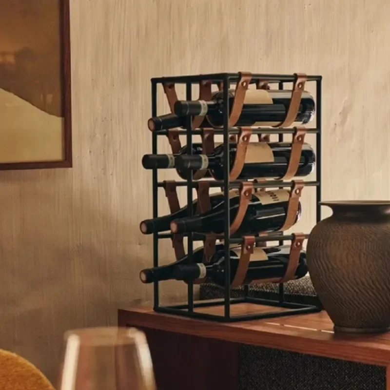 

Modern Leather Wine Rack Metal Support Simple Creative Luxury Red Wine Display Stand Household Kitchen Room Decorations Barware