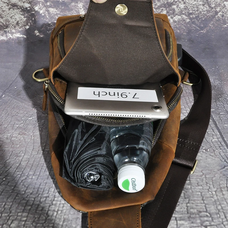 2023 Trend Thick Crazy Horse Leather Retro Sling Chest Bag 8