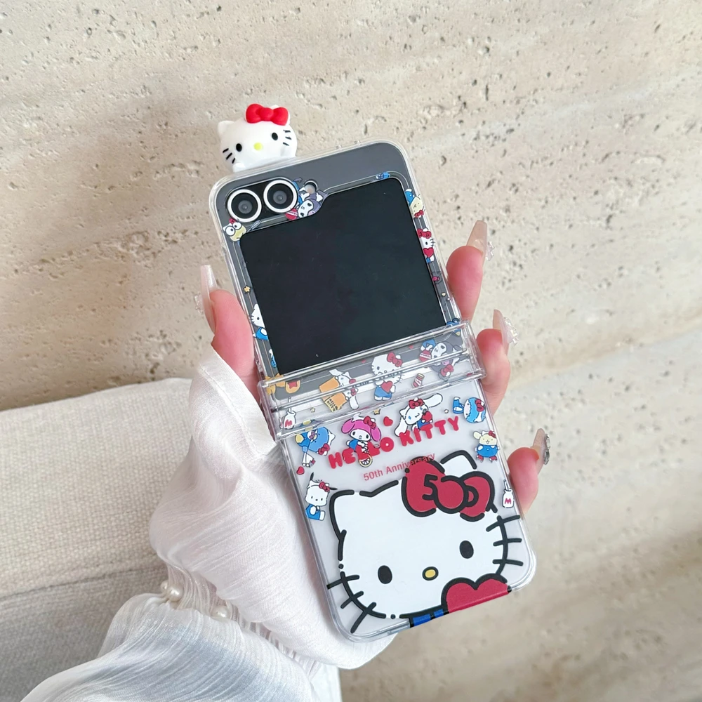 Funda para teléfono Samsung Galaxy Z Flip 7 6 5 4 3, funda con soporte de dibujos animados de Sanrio Hello Kitty, funda dura de TPU con cordón