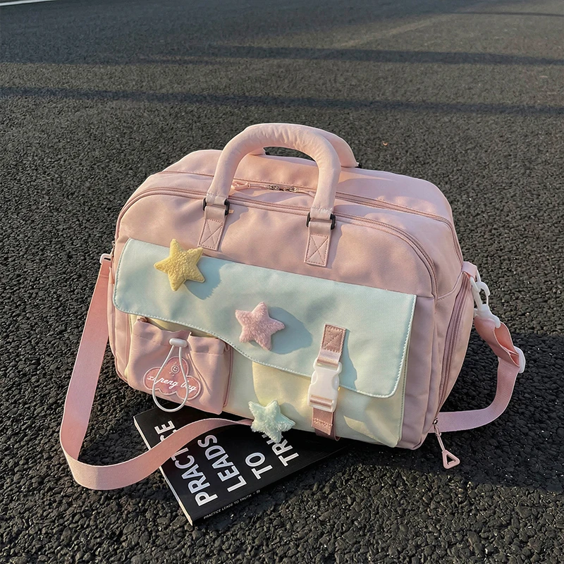 新しいかわいいカラーブロックトラベルバッグ軽量ポータブル大容量収納バッグ短期旅行用女性用ハンドバッグナイロン素材